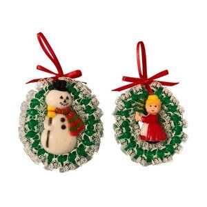 Vintage Christmas Handmade Kitschy Beaded Ornaments Snowman And Mrs. Claus